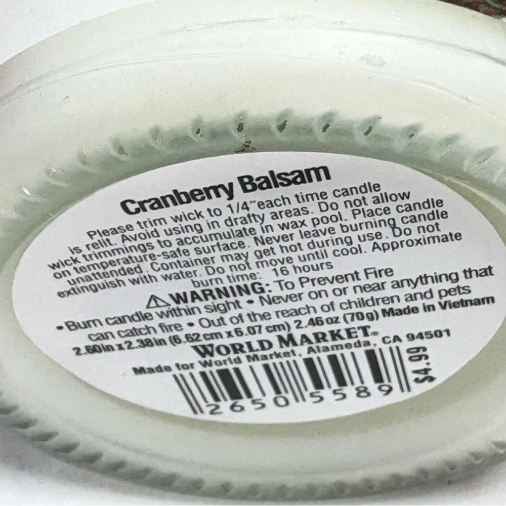 Cost Plus World Market Cranberry Balsam Candle sleigh pin and Santa ornament